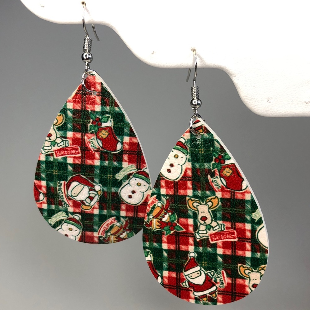 Holiday Plaid Leather Teardrop Earrings Red Green